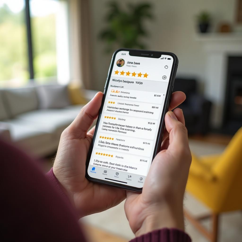 Homeowner browsing HVAC contractor reviews and star ratings on smartphone, showing the importance of online reputation
