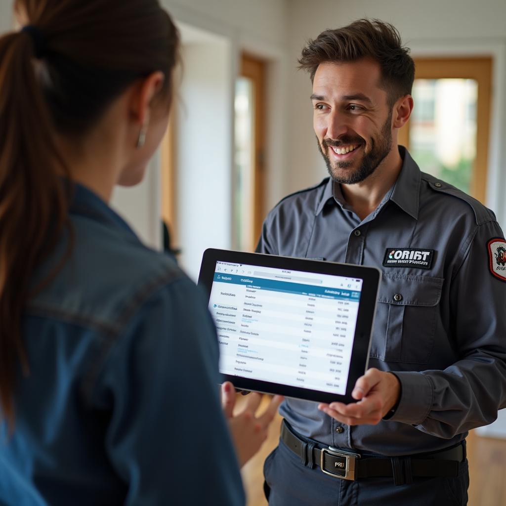 HVAC technician showing transparent pricing breakdown on tablet to homeowner, building trust through clarity